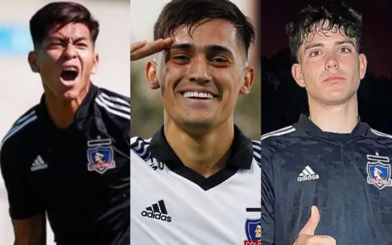 Primer plano a Ervin Vaca, Pablo Solari y Pablo da Silveira con indumentaria de Colo-Colo.