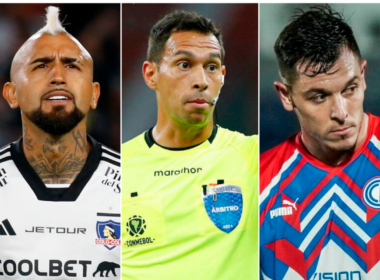 Primer plano a los rostros de Arturo Vidal, Facundo Tello y Diego Churín, actual futbolista de Colo-Colo, árbitro profesional y delantero de Cerro Porteño, respectivamente.