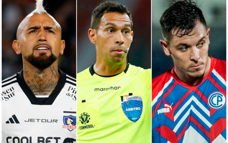 Primer plano a los rostros de Arturo Vidal, Facundo Tello y Diego Churín, actual futbolista de Colo-Colo, árbitro profesional y delantero de Cerro Porteño, respectivamente.