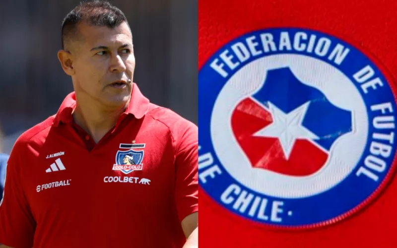 Primer plano a Jorge Almirón y el escudo de la Selección Chilena