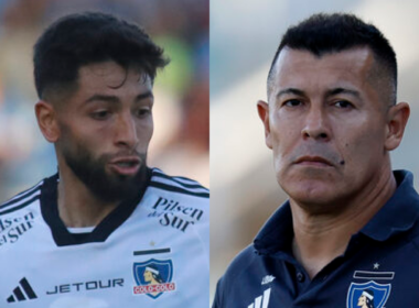 Primer plano al rostro acelerado de Jeyson Rojas, sumado a la cara de preocupación de Jorge Almirón, futbolista y entrenador de Colo-Colo durante la temporada 2024, respectivamente.