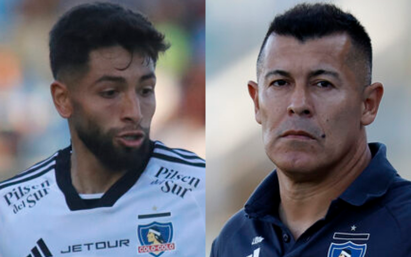 Primer plano al rostro acelerado de Jeyson Rojas, sumado a la cara de preocupación de Jorge Almirón, futbolista y entrenador de Colo-Colo durante la temporada 2024, respectivamente.