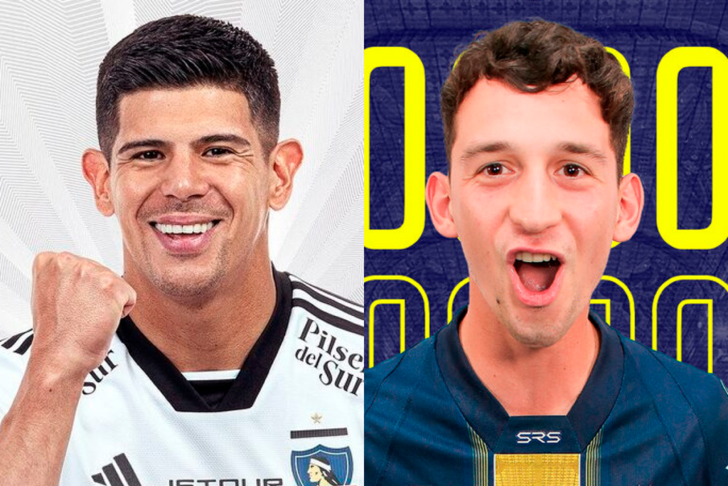 Primer plano a los rostros sonrientes de Esteban Pavez y Tomás Rayer, futbolistas que pertenecen a Colo-Colo y Sportivo Trinidense de cara a la temporada 2024, respectivamente.