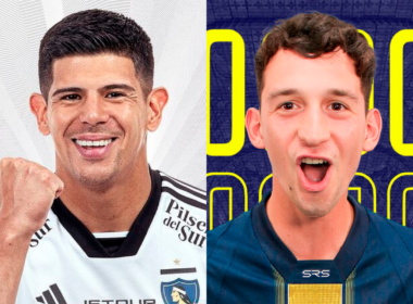 Primer plano a los rostros sonrientes de Esteban Pavez y Tomás Rayer, futbolistas que pertenecen a Colo-Colo y Sportivo Trinidense de cara a la temporada 2024, respectivamente.