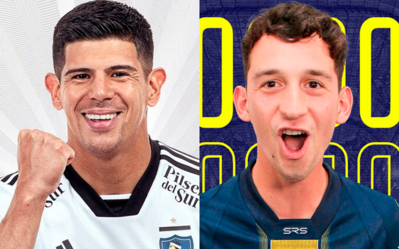 Primer plano a los rostros sonrientes de Esteban Pavez y Tomás Rayer, futbolistas que pertenecen a Colo-Colo y Sportivo Trinidense de cara a la temporada 2024, respectivamente.