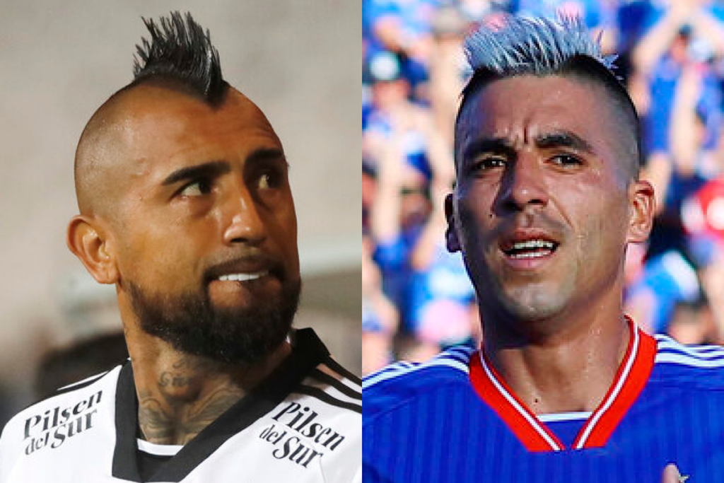 Primer plano a los rostros de Arturo Vidal y Leandro Fernández, futbolistas de Colo-Colo y Universidad de Chile durante la temporada 2024, respectivamente.