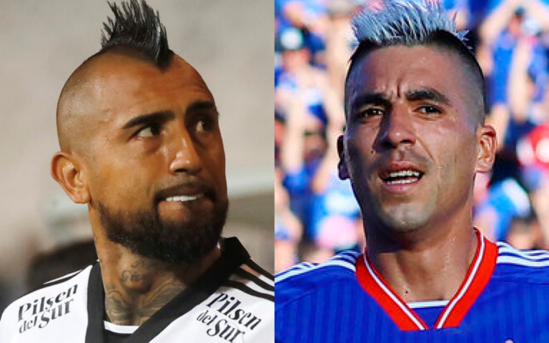 Primer plano a los rostros de Arturo Vidal y Leandro Fernández, futbolistas de Colo-Colo y Universidad de Chile durante la temporada 2024, respectivamente.