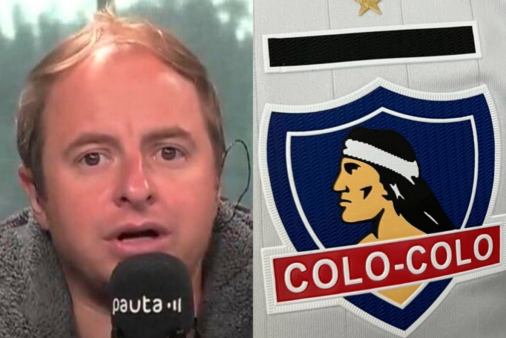 Primer plano al rostro del periodista deportivo, Jorge Coke Hevia, junto a un micrófono de Pauta de Juego, mientras que a mano derecha aparece el escudo de Colo-Colo.