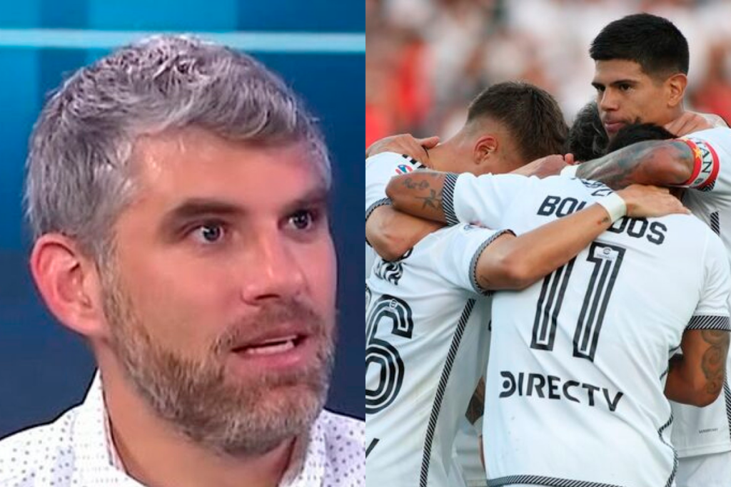 Primer plano al rostro sorprendido del periodista deportivo, Manuel de Tezanos, sumado a los jugadores de Colo-Colo celebrando un gol a mano derecha de la fotografía.