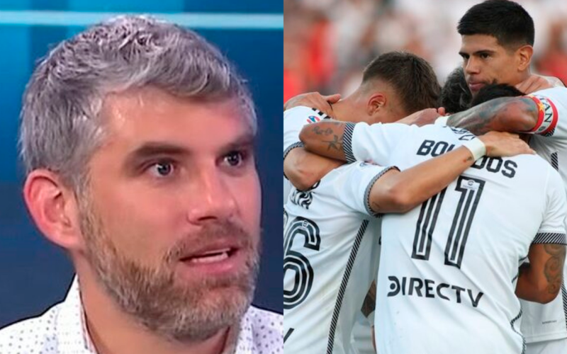 Primer plano al rostro sorprendido del periodista deportivo, Manuel de Tezanos, sumado a los jugadores de Colo-Colo celebrando un gol a mano derecha de la fotografía.