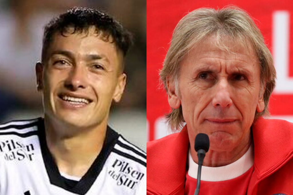 Primer plano al rostro sonriente de Cristián Zavala, jugador de Colo-Colo durante la temporada 2024, mientras que a mano derecha aparece Ricardo Gareca en plena conferencia de prensa como entrenador de la Selección Chilena de Fútbol.