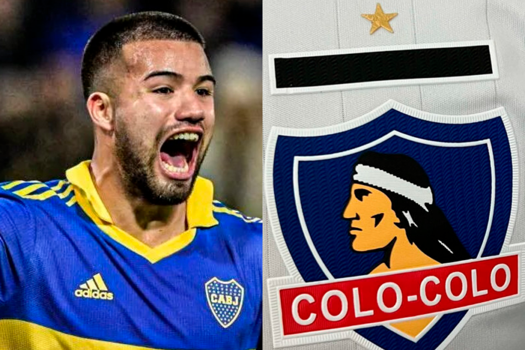 A mano izquierda Marcelo Weigandt celebra un gol con la camiseta de Boca Juniors, mientras que en el sector derecho se puede ver el escudo de Colo-Colo.
