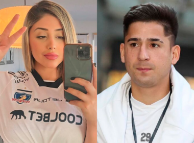 Yessenia Riveros, esposa de Guillermo Paiva con la camiseta de Colo-Colo a mano izquierda, mientras que en el sector derecho está el jugador con cara de seriedad.
