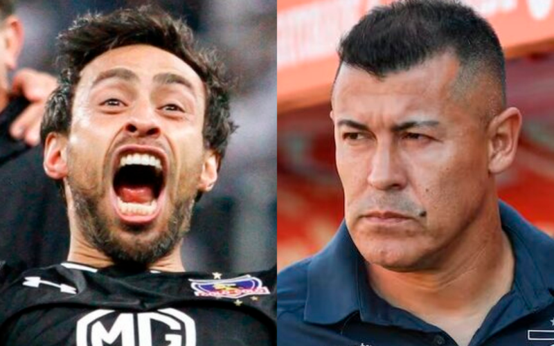 Jorge Valdivia con el rostro eufórico en pleno partido con la camiseta de Colo-Colo, mientras que a mano derecha se puede ver un primer plano a la mirada atenta de Jorge Almirón, entrenador de fútbol profesional.