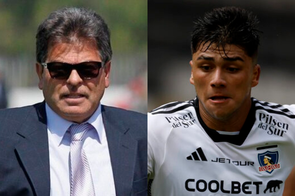 Primer plano al rostro de Jorge Garcés, entrenador de fútbol profesional que se encuentra con terno y lentes negros, mientras que a mano derecha está el jugador de Colo-Colo, Damián Pizarro, quien defiende los colores de su club durante la temporada 2024.