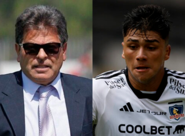 Primer plano al rostro de Jorge Garcés, entrenador de fútbol profesional que se encuentra con terno y lentes negros, mientras que a mano derecha está el jugador de Colo-Colo, Damián Pizarro, quien defiende los colores de su club durante la temporada 2024.