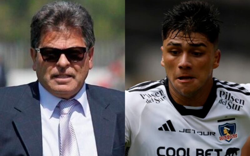 Primer plano al rostro de Jorge Garcés, entrenador de fútbol profesional que se encuentra con terno y lentes negros, mientras que a mano derecha está el jugador de Colo-Colo, Damián Pizarro, quien defiende los colores de su club durante la temporada 2024.