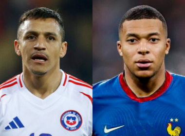 Primer plano a los rostros serios de Alexis Sánchez defendiendo a la Selección Chilena y Kylian Mbappé haciendo lo propio con Francia durante la temporada 2024.