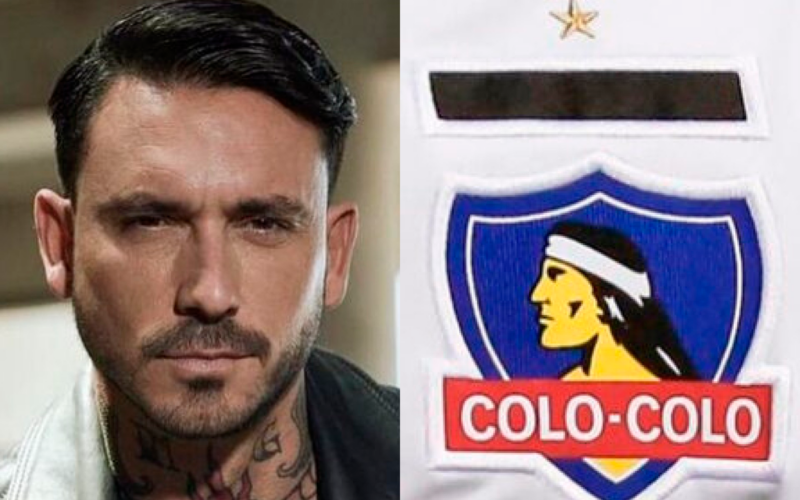 Primer plano a mano izquierda de la fotografía a Mauricio Pinilla, ex futbolista profesional. Mientras que a mano derecha aparece el escudo de Colo-Colo, equipo del fútbol cihleno.