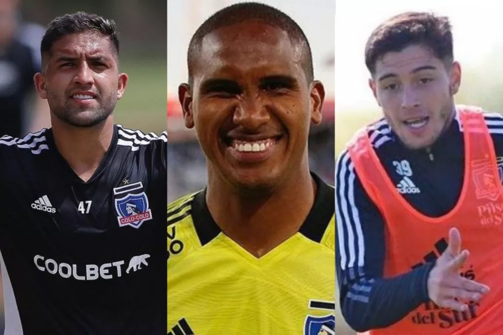 Primer plano a Ignacio Jara, Omar Carabalí y David Tati con camiseta de Colo-Colo.