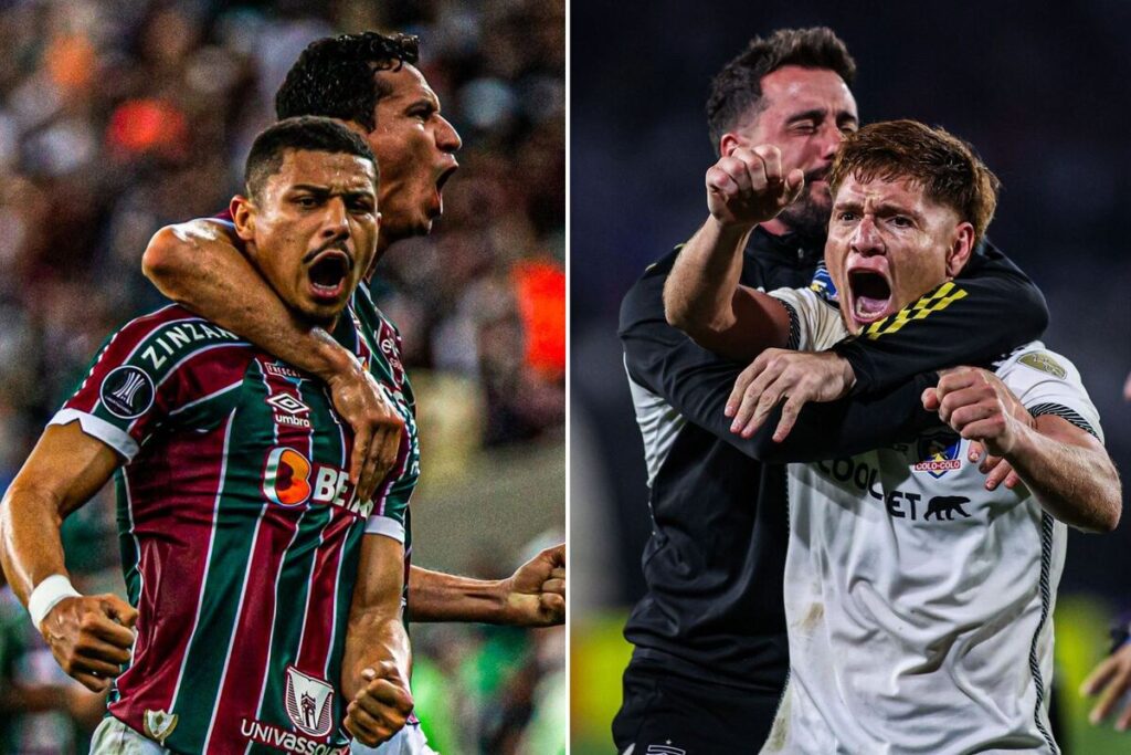 A mano izquierda aparecen dos futbolistas de Fluminense celebrando un gol, mientras que en el sector derecho hacen lo propio Leonardo Gil y Fernando de Paul, jugadores de Colo-Colo durante la temporada 2024.