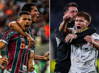 A mano izquierda aparecen dos futbolistas de Fluminense celebrando un gol, mientras que en el sector derecho hacen lo propio Leonardo Gil y Fernando de Paul, jugadores de Colo-Colo durante la temporada 2024.