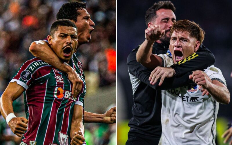 A mano izquierda aparecen dos futbolistas de Fluminense celebrando un gol, mientras que en el sector derecho hacen lo propio Leonardo Gil y Fernando de Paul, jugadores de Colo-Colo durante la temporada 2024.