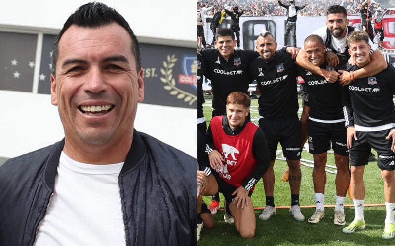 Primer plano de Esteban Paredes sonriente. Jugadores de Colo-Colo abrazados.