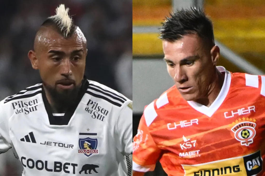 Primer plano de Arturo Vidal (Colo-Colo) y Cristián Insaurralde (Cobreloa).