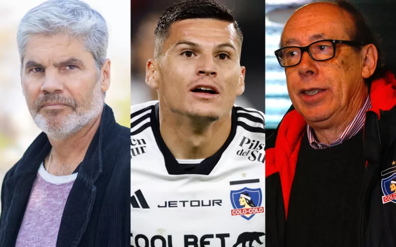 Primer plano a los rostros de Juan Cristóbal Guarello, Lucas Cepeda y Alfredo Stöhwing, periodista deportivo, futbolista de Colo-Colo y presidente de Blanco y Negro durante la temporada 2024, respectivamente.