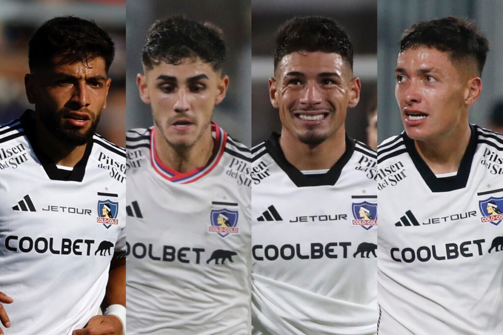 Primer plano a Jeyson Rojas, Bruno Gutiérrez, Alan Saldivia y Cristián Zavala con camiseta de Colo-Colo.