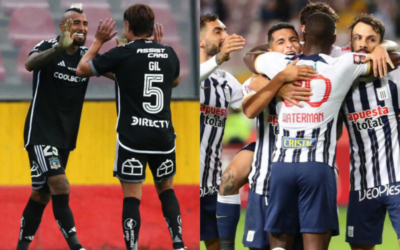 Primer plano a jugadores de Colo-Colo y Alianza Lima celebrando un gol.