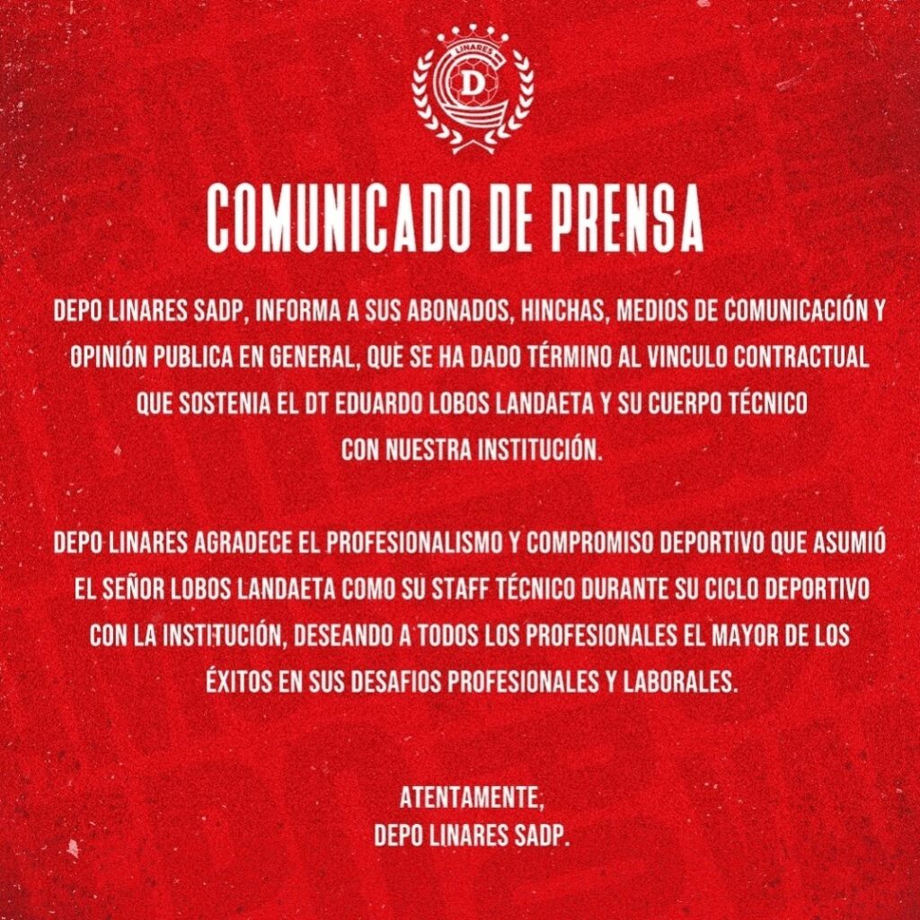 Comunicado Deportes Linares en Instagram