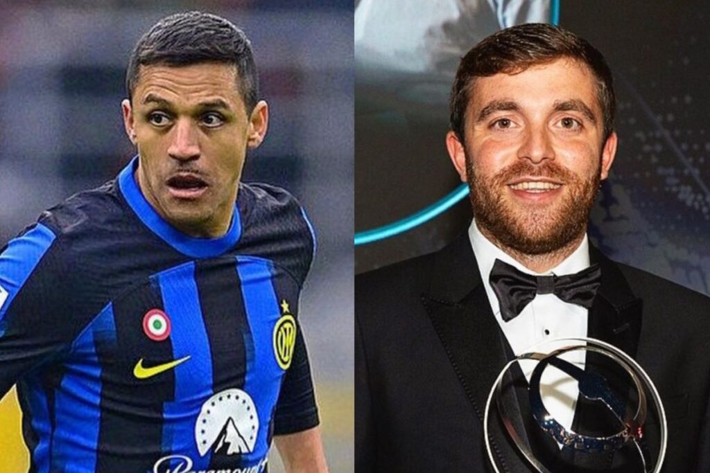 Primer plano a Alexis Sánchez con camiseta del Inter de Milán y Fabrizio Romano