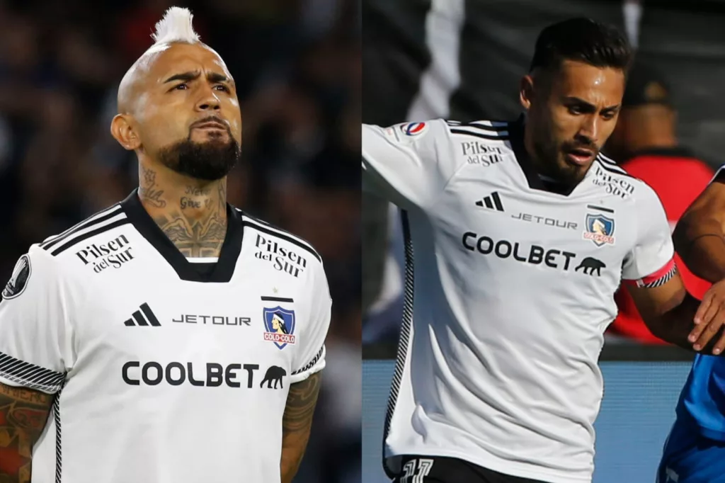 Primer plano a Arturo Vidal y Marcos Bolados con camiseta de Colo-Colo.