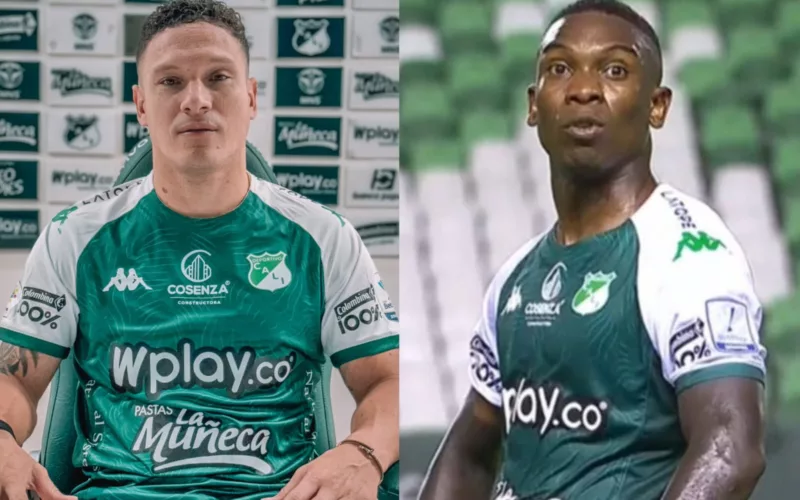 Primer plano a Javier Reina y Fabián Castillo con la camiseta de Deportivo Cali.