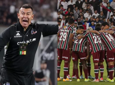 Primer plano a Jorge Almirón y el plantel de Fluminense