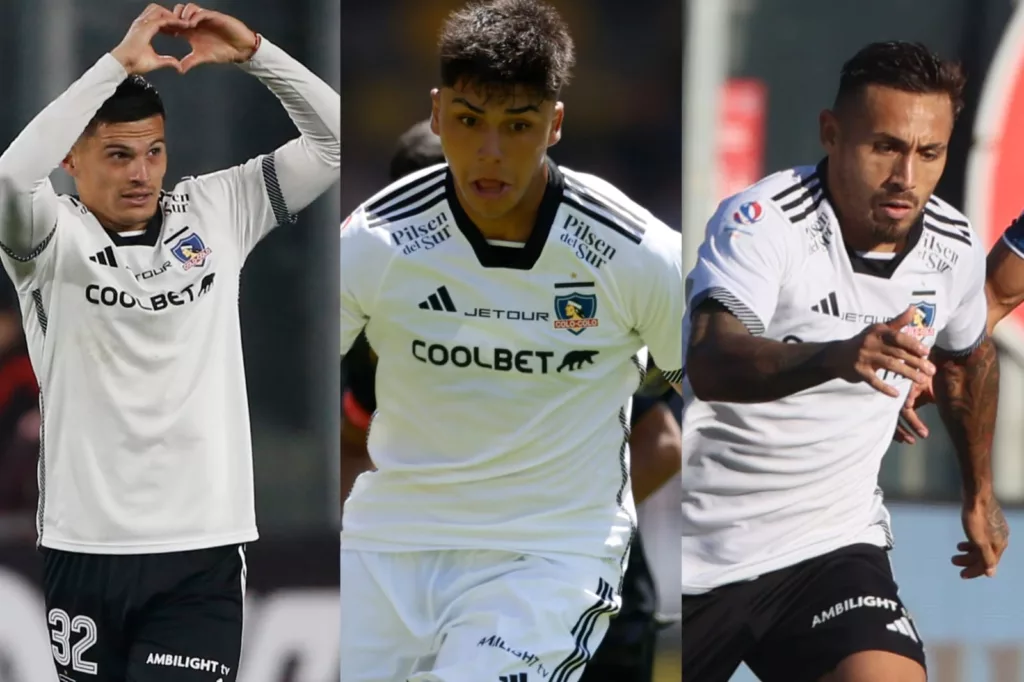 Primer plano a Lucas Cepeda, Damián Pizarro y Marcos Bolados con la camiseta de Colo-Colo.