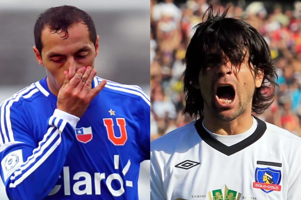 Marcelo Díaz con tristeza y camiseta de Universidad de Chile y Lucas Wilchez celebrando un gol con Colo-Colo.