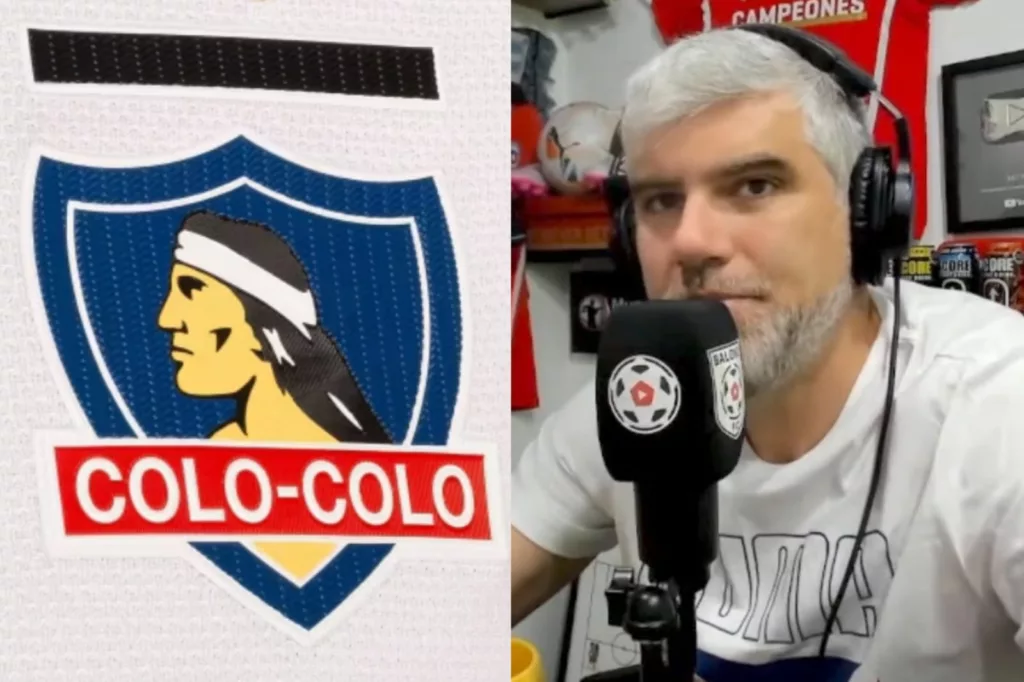 Manuel de Tezanos hablando en un micrófono y el escudo de Colo-Colo