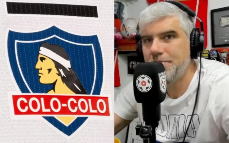 Manuel de Tezanos hablando en un micrófono y el escudo de Colo-Colo