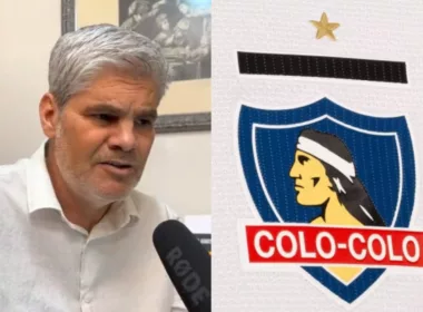 Primer plano a Juan Cristóbal Guarello y escudo de Colo-Colo