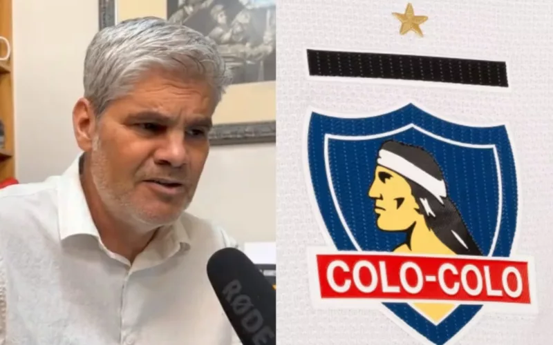 Primer plano a Juan Cristóbal Guarello y escudo de Colo-Colo