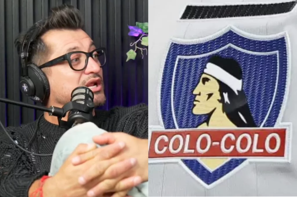 Nicolás Peric hablando en un micrófono junto al escudo de Colo-Colo