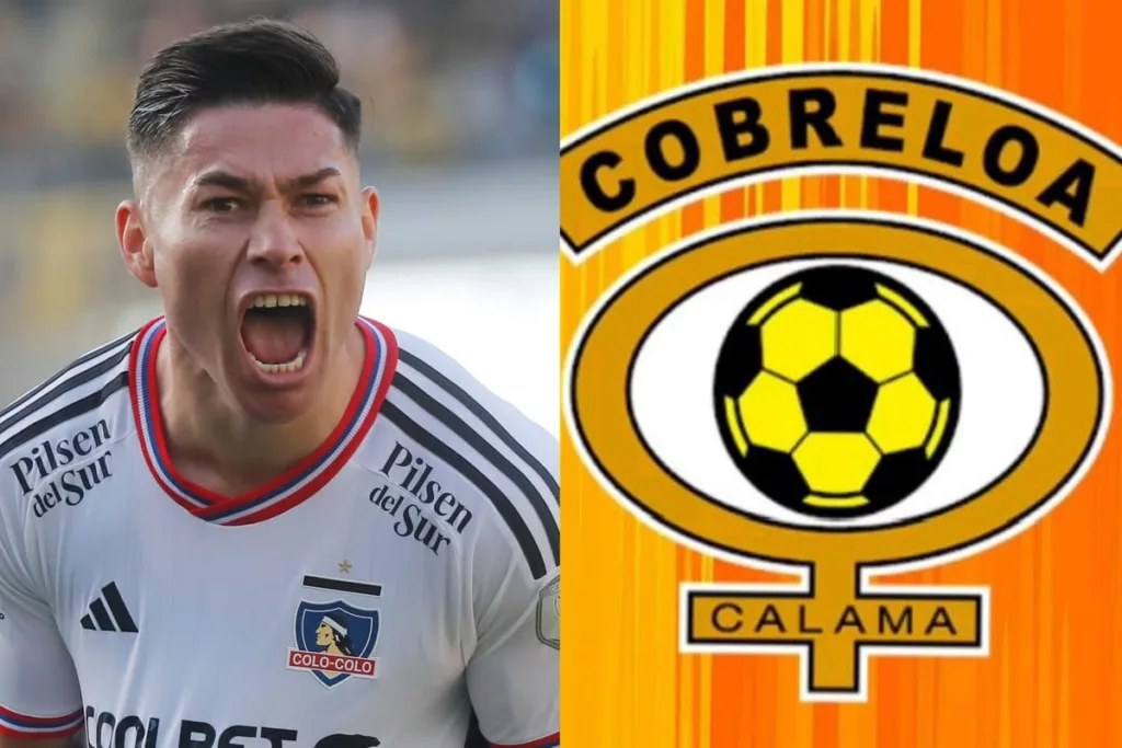 Óscar Opazo abre su boca en señal de un claro grito mientras defiende a Colo-Colo, mientras que a mano derecha se ve incrustado el logo de Cobreloa.