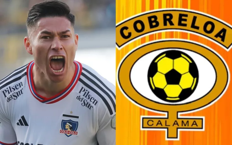 Óscar Opazo abre su boca en señal de un claro grito mientras defiende a Colo-Colo, mientras que a mano derecha se ve incrustado el logo de Cobreloa.