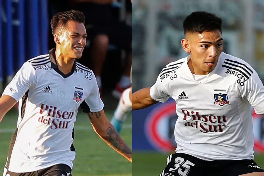 Primer plano a Carlos Villanueva y Joan Cruz con camiseta de Colo-Colo