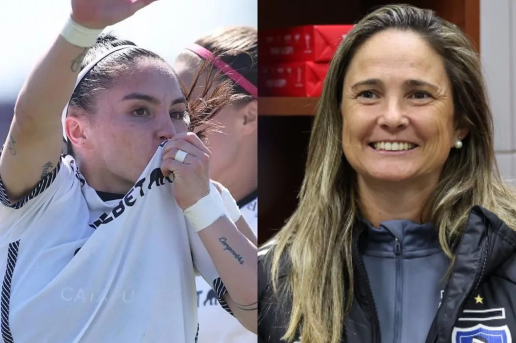 Primer plano a Javiera Grez y Tatiele Silveira con indumentaria de Colo-Colo.