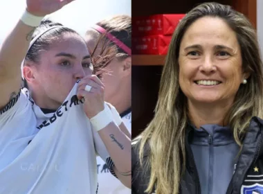 Primer plano a Javiera Grez y Tatiele Silveira con indumentaria de Colo-Colo.