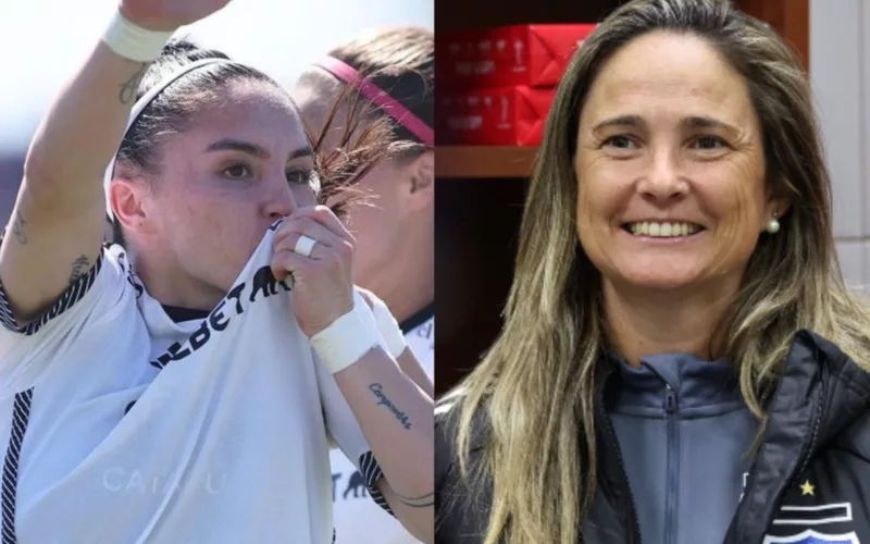 Primer plano a Javiera Grez y Tatiele Silveira con indumentaria de Colo-Colo.